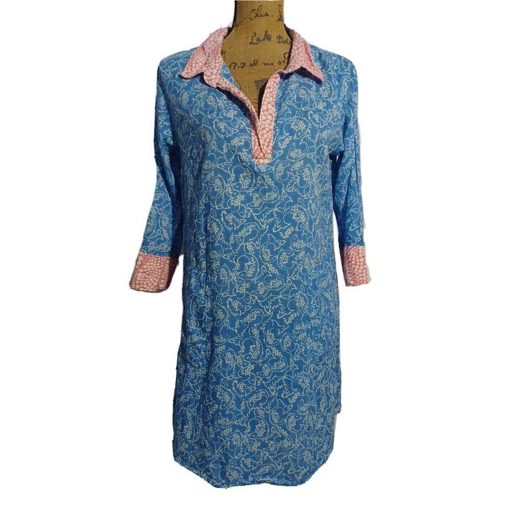 Hiho Tunic MED Caribbean Blue Pink Fish Resort Cover Up 3/4 Sl Beach Lounge‎